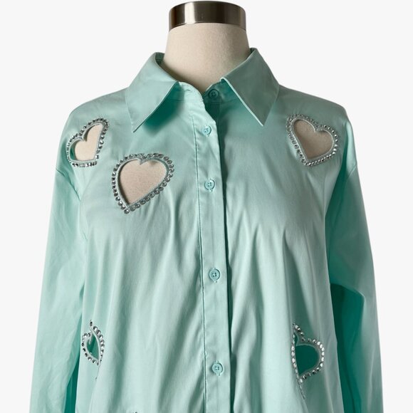 Alice + Olivia Finley Heart Cutout Embellished Mint Cotton Top M - Picture 3 of 8